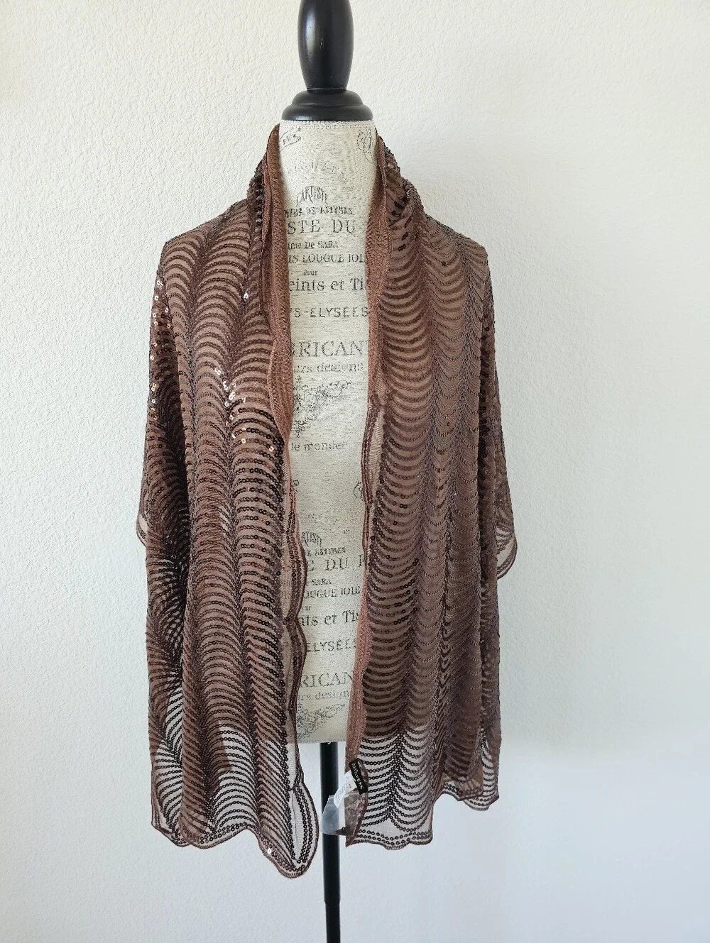 NWT Joan Rivers Sequin Sheer Mesh Wrap Shawl Scarf – Bronze Brown Wave Pattern
